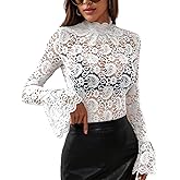 Women's Long Sleeve Lace Mesh Tops High Neck Sheer Blouse Sexy Floral Going Out Top
