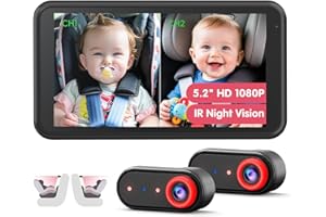LUCKVIEW BM2 PRO Dual Baby Car Camera, 5.2" 1080P HD Display for Rear-Facing Car Seats, IR Night Vision, Anti-Shake Mount, Easy Install – Ideal for Parents with 2 Kids and Pets