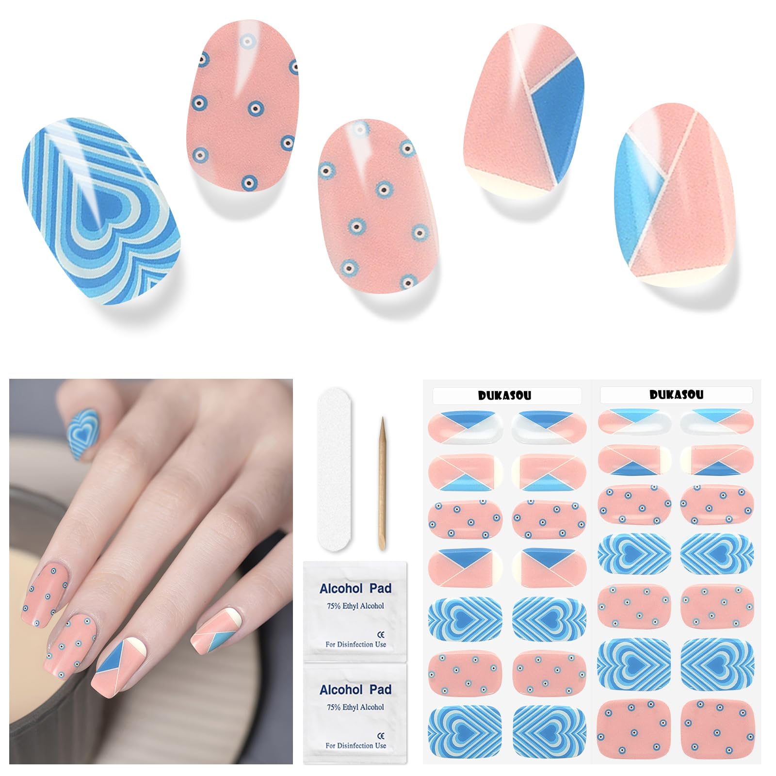 Semi Cured Gel Nail Strips, 28 Pcs UV Lamp Compatible, Long Lasting Salon Quality Gel Nail Wraps - Easy to Apply (Love Blue) for Valentine's Day