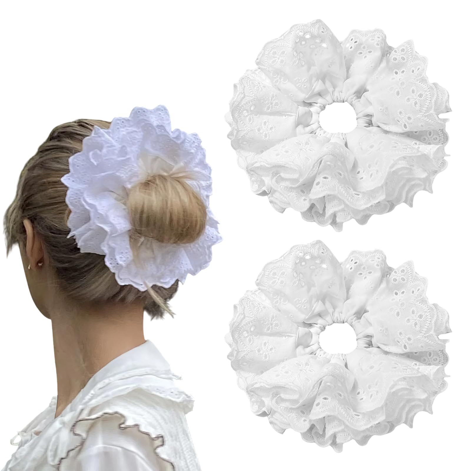 Photo 1 of 2 Pcs Large White Lace Scrunchies for Women, Lace Double Layer Fancy Satin Hair Scrunchie Elastic Hair Tie Ropes Thick Hair Bulk Scrunchies Accessories (White)