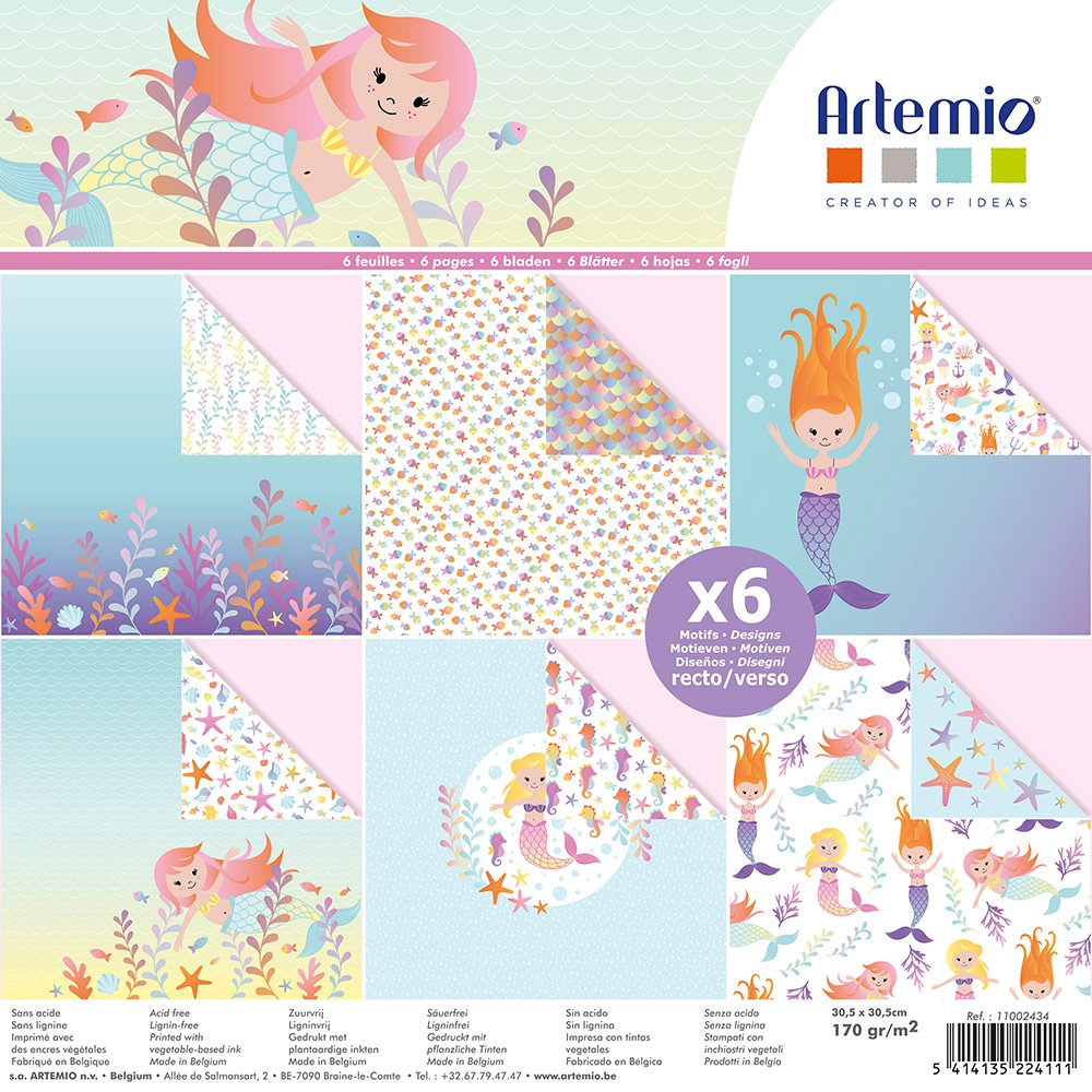Artemio Set of 6 Sheets Mermaid 30 cm x 30 cm, Multi-Colour, 30 x 30 cm