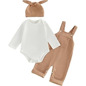 DNOMAID YZARC Newborn Baby Boy Clothes Infant Long Sleeve Romper Waffle Suspender Overalls Pants Hat Set Fall Winter Outfits