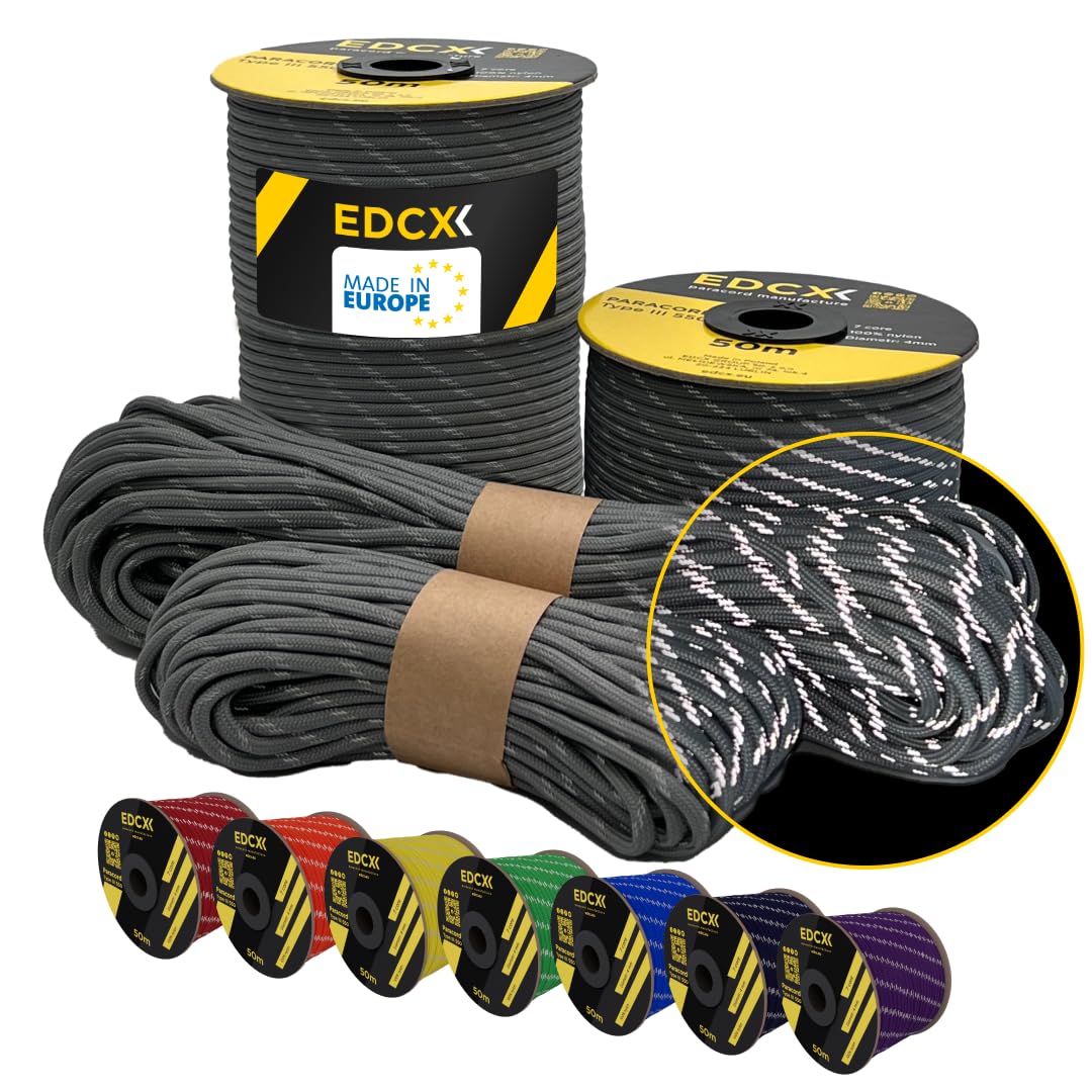 EdcX 4 mm Reflective Paracord 550 (15, 30, 50 m) – Tear-Resistant Parachute Cord for Survival Made of 100% Nylon, 4 mm Type III with 7 Wires (Reflective Dark Gray, 15 m) — image 1