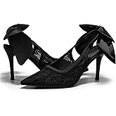 Coutgo Womens Slingback High Heels Bow Closed Pointed Toe Lace Patchwork Party Dress Shoes