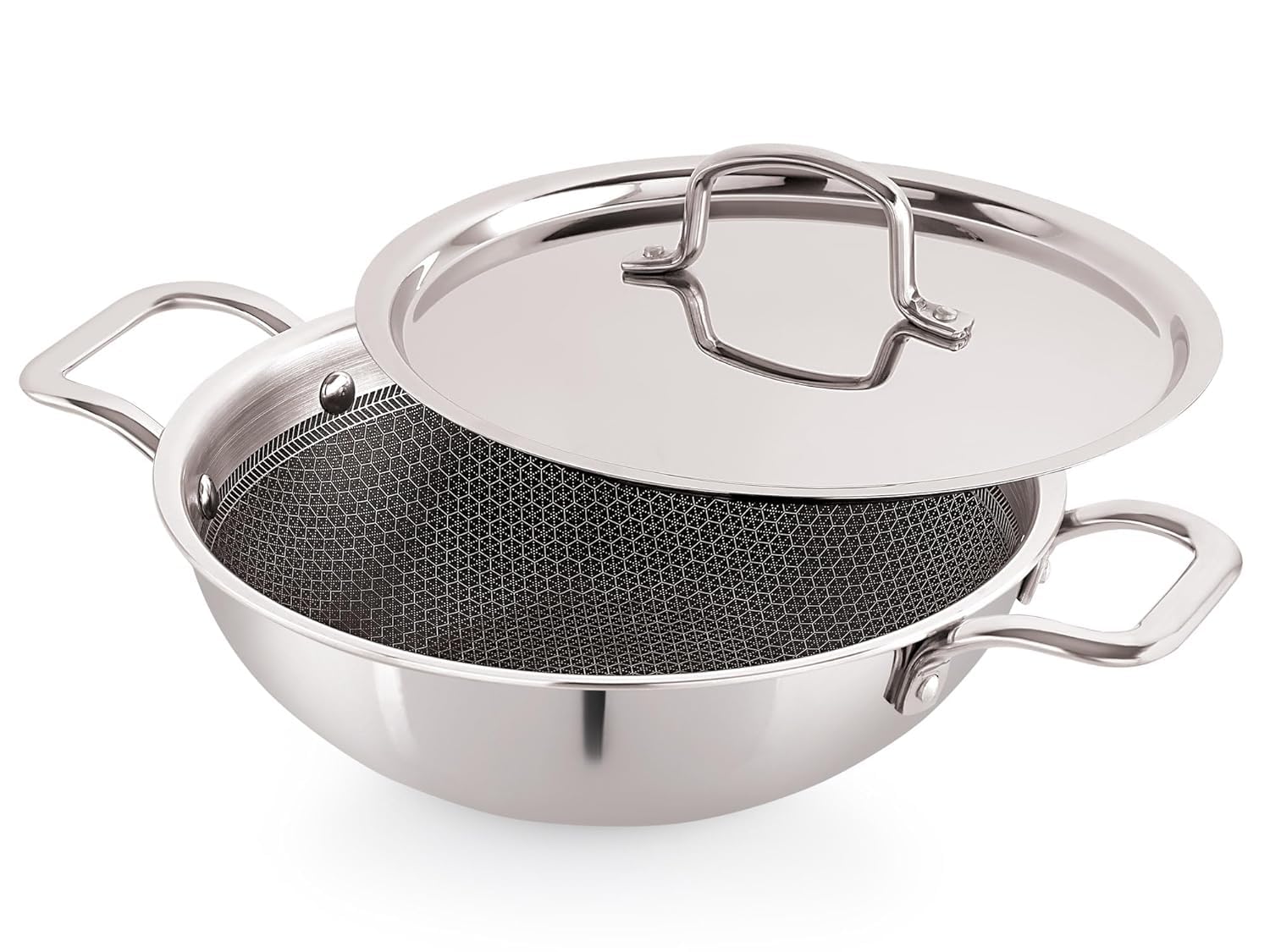 Photo 1 of Tanish Trading Triply Stainless Steel Honeycomb Pattern Stainless Steel Wok with Honeycomb Pattern, 24cm, 2.1 Liter Capacity, Scratch Resistant, Gas & Induction Compatible, Silver