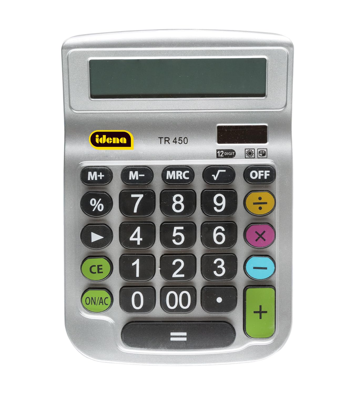 IDENA TR 450, 505292 – Desktop Calculator with 12 Digit Display, Battery Operated – Solar Power – Square Roots, Percentage Calculation, Memory Function, Silver