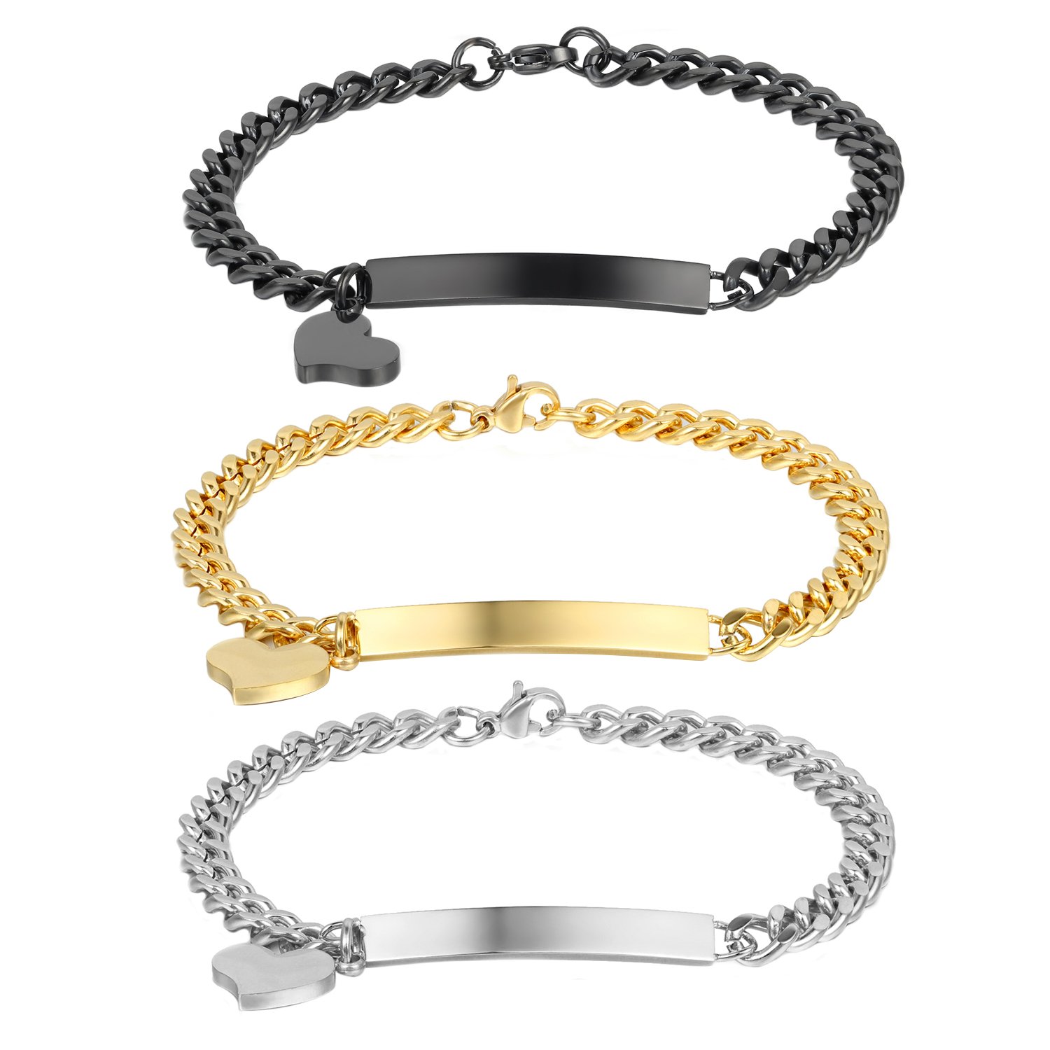 Cupimatch 3-Pieces Girls Stainless Steel Love Heart Charm Bracelet Couples Best Friend Link Chain Bracelet, 7.5"
