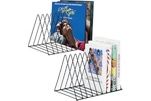 MODOWEY U/A 2 Pack Triangle Desktop Magazine File Holder Rack, Sturdy 9 Slot Iron Vinyl Record Holder Storage Book Sorter Organizer Bookshelf for Office Home Decoration (Black)