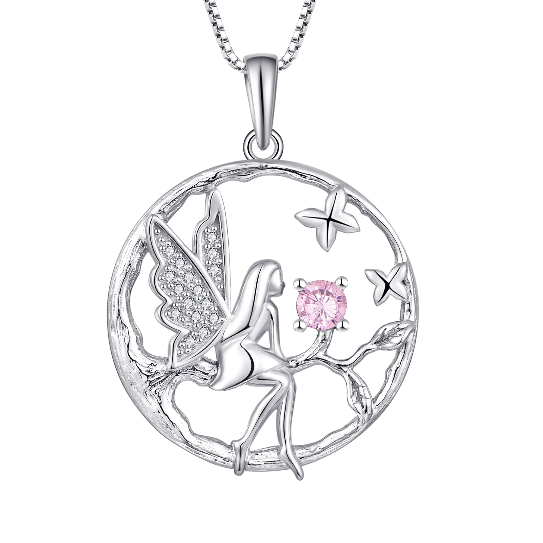 FJ Guardian Angel Necklace 925 Sterling Silver Tree of Life Pendant Fairy Necklace Pink Tourmaline October Birthstone Jewellery for Women — image 1