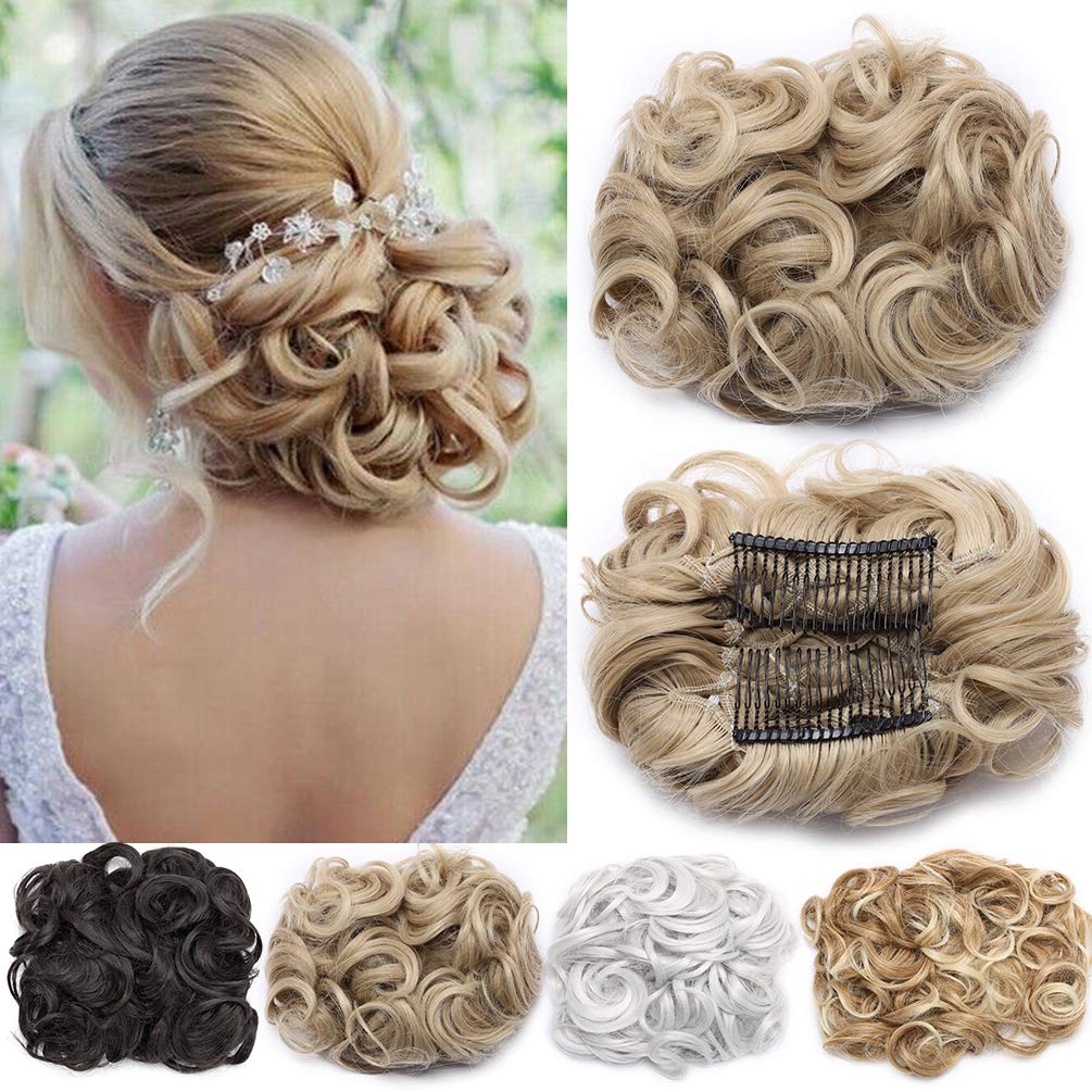 Short Messy Curly Dish Hair Bun Extension Easy Stretch hair Combs Clip in Ponytail Extension Scrunchie Chignon Tray Ponytail Hairpieces Ash Blonde mix Bleach Blonde โ image 1