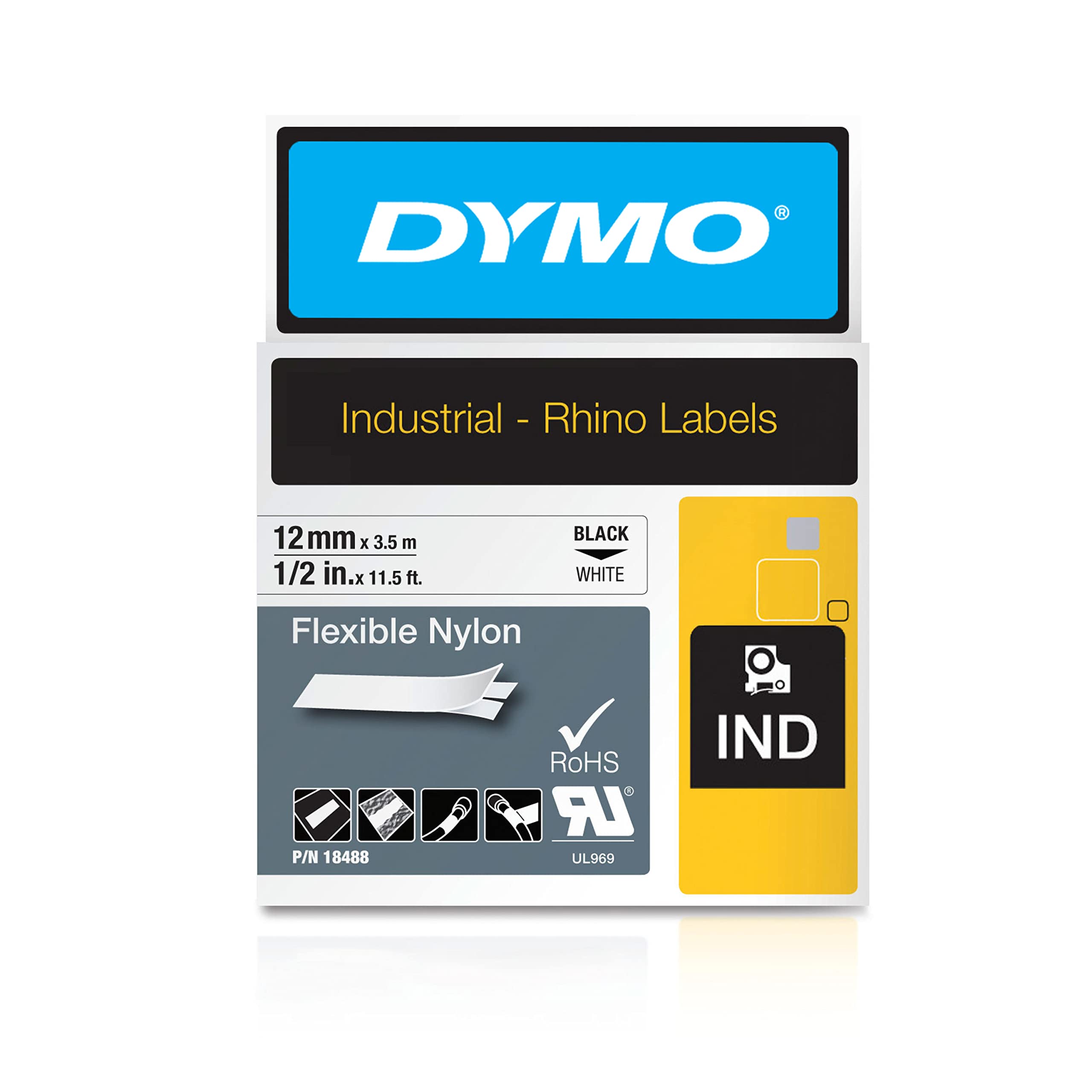 Photo 1 of DYMO Rhino Industrial Flexible Nylon Labels 1/2" x 11.5' Black Print on White Tape