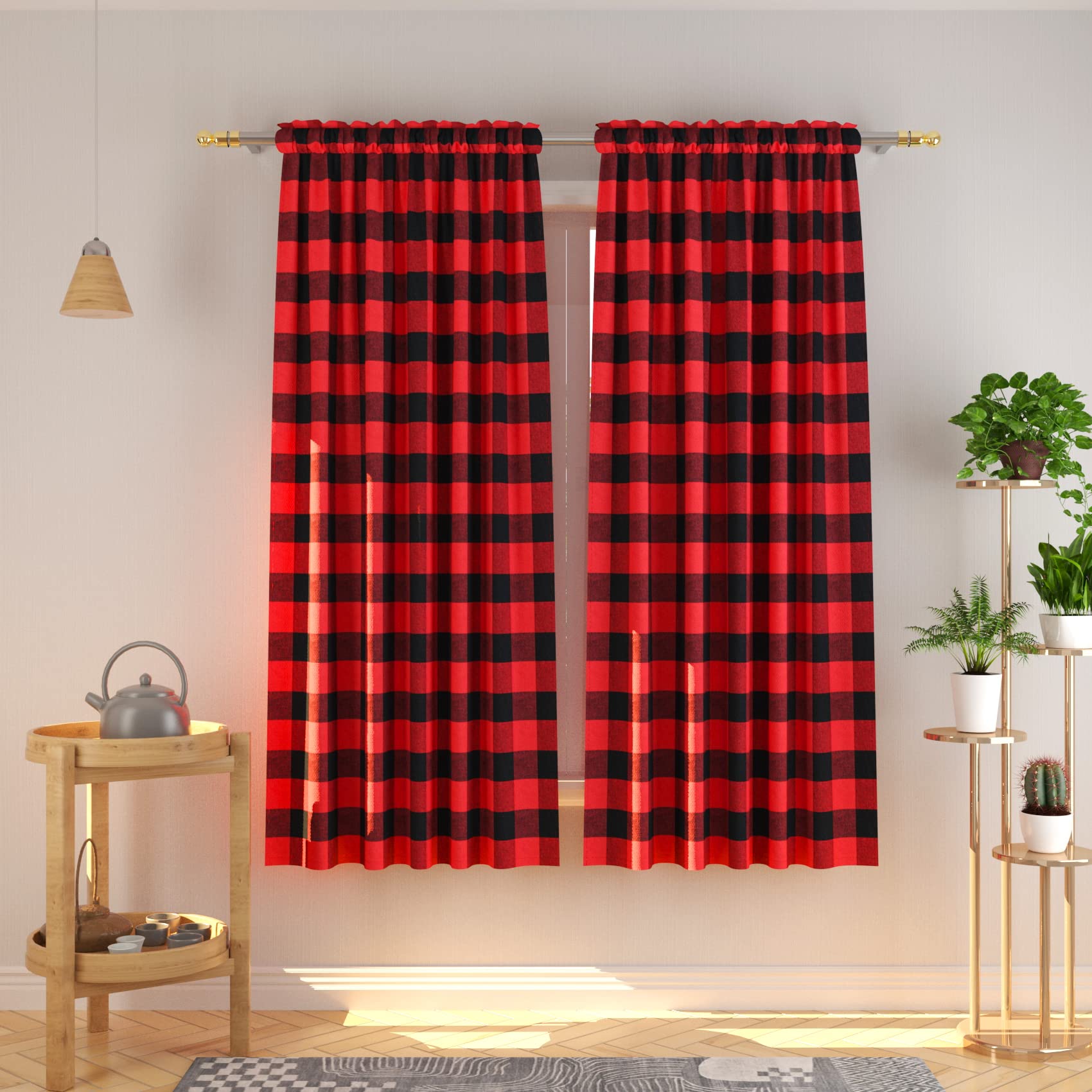 NATUS WEAVER Buffalo Check Curtains 72 inches Long Cotton Basement Red and Black Gingham Plaid Kitchen Window Curtain Panels Living Room Checker Drapes Bedroom Rod Pocket Window Treatment 2 Panels