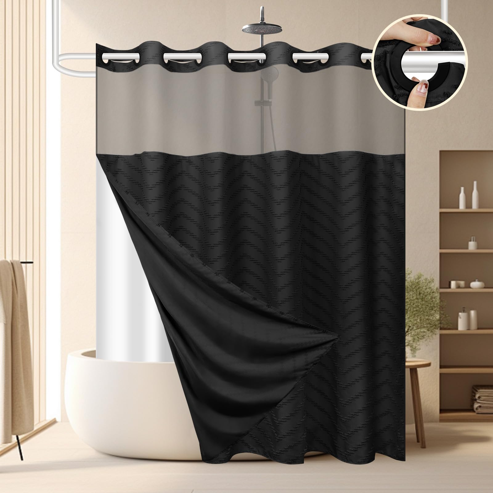 Photo 1 of FADOTY No Hook Shower Curtain and Snap in Liner Set Black Tufted Chevron Striped Cloth Waterproof Washable Fabric Boho Bath Curtain with See Through Mesh Top Window for Bathroom Hotel 71" x 74"