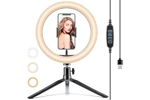 MOYAWSDGN 10" Desk Ring Light with Tripod Stand, 3 Light Modes & 11 Brightness Level, Adjustable Selfie Phone Halo Light with Cell Phone Holder for Video Recording, Makeup, Computer Laptop Zoom Meeting