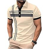 SOLY HUX Men's Casual Golf Shirts Short Sleeve Button Down Striped Collared Shirts Summer Work T-Shirt