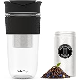 SoleCup. Large Travel Mug Loose Tea Infuser - Detachable Tea Strainer with Spill Proof Lid - 18oz/530ml BPA-Free Reusable Glass Travel Coffee Cup with Silicone Band (Black, 18oz)
