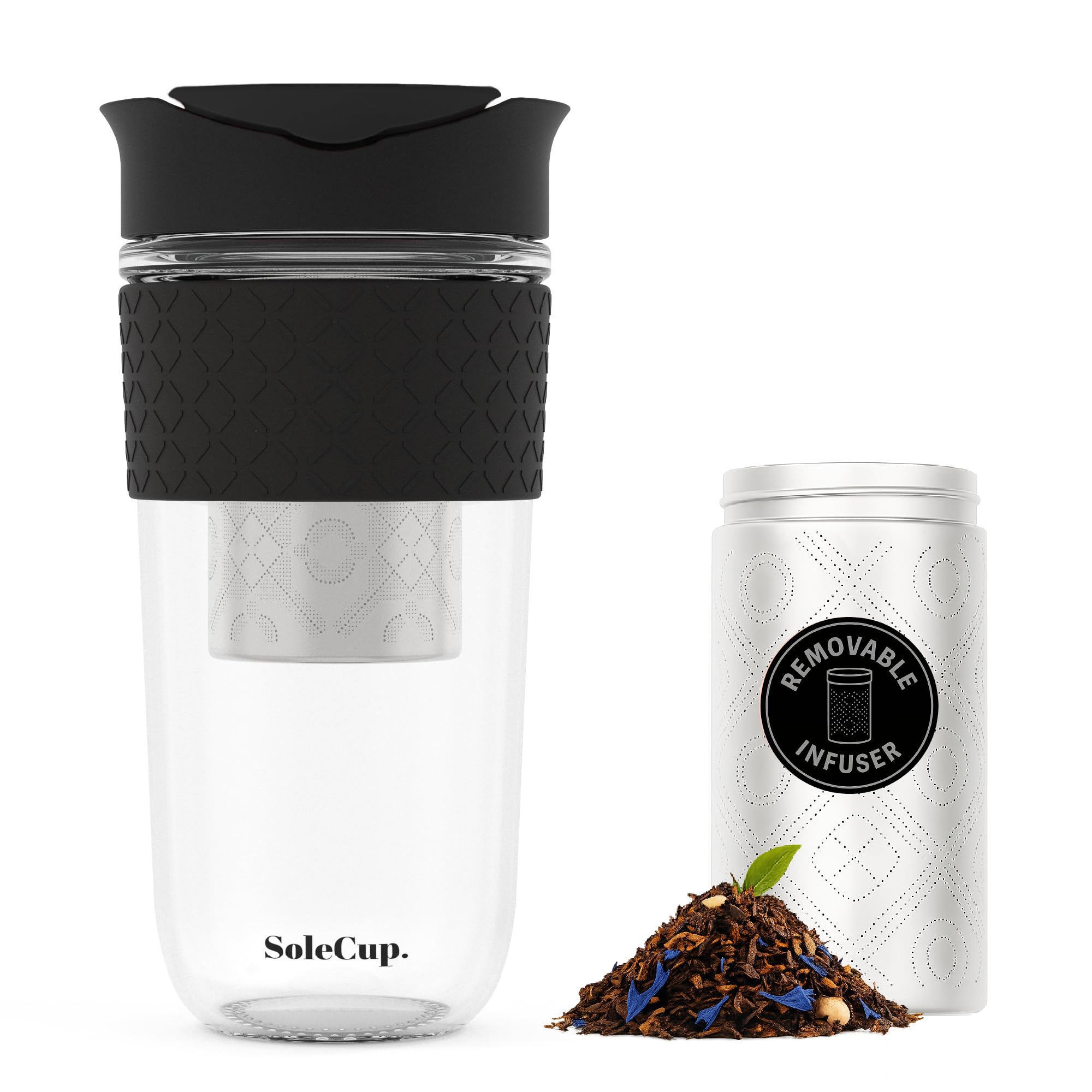 SoleCup. Large Travel Mug Loose Tea Infuser - Detachable Tea Strainer with Spill Proof Lid - 18oz/530ml BPA-Free Reusable Glass Travel Coffee Cup with Silicone Band (Black, 530ml / 18oz)