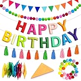 4PCS Pre-Strung Happy Birthday Banner - Felt Happy Birthday Garland, Ball Garland, Felt Pennant Flag, Colorful Thread Tassel Rainbow Party Decorations for Women Men Kids