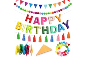 WOONNUK 4PCS Pre-Strung Happy Birthday Banner - Felt Happy Birthday Garland, Ball Garland, Felt Pennant Flag, Colorful Thread Tassel Rainbow Party Decorations for Women Men Kids
