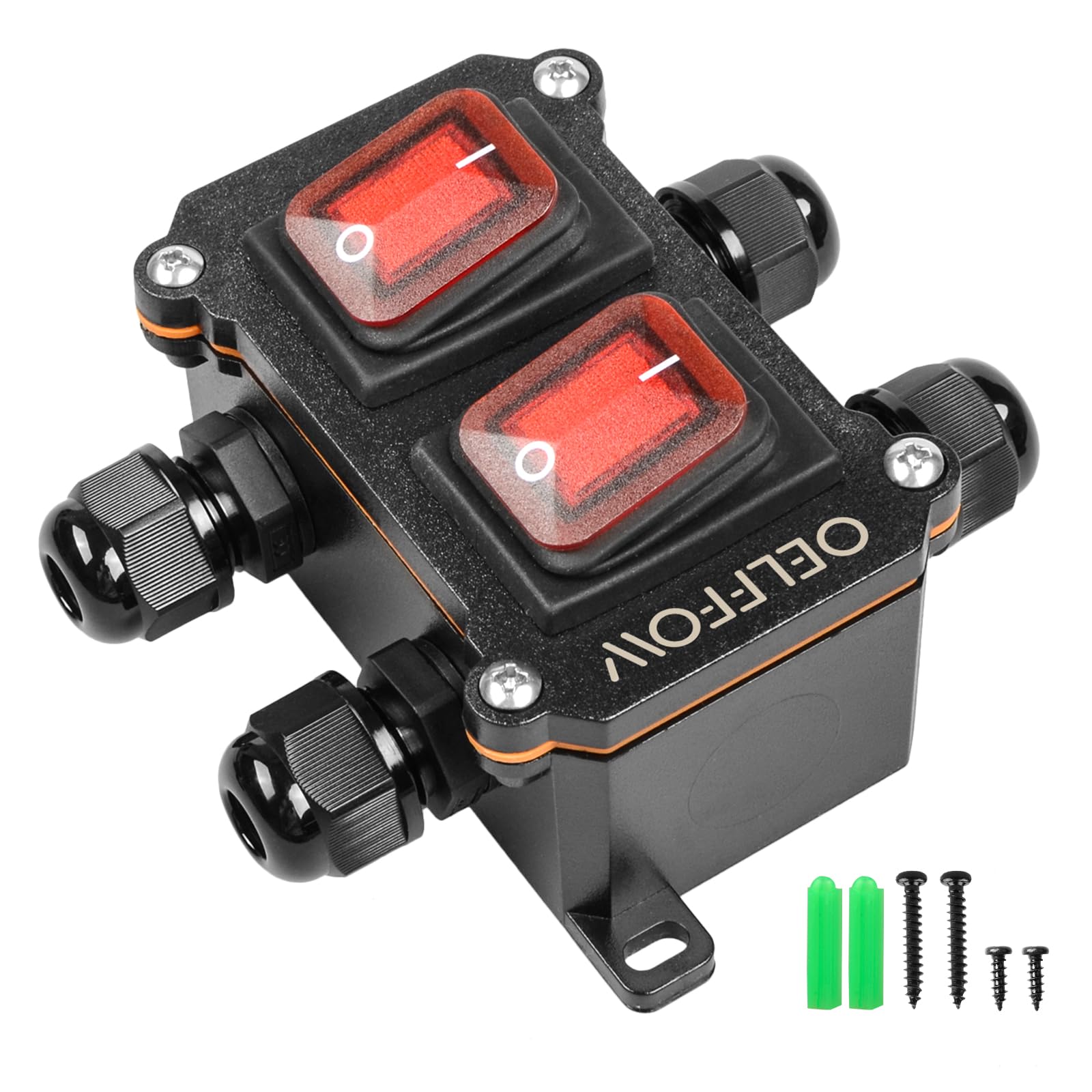 Photo 1 of OELFFOW Waterproof On Off Toggle Switch Double Switch with Red Light Rocker Button Inline Cord Switch DPST AC/DC 20A-125V,16A-250V,30A-24V,35A-12V, IP66 4 Exit