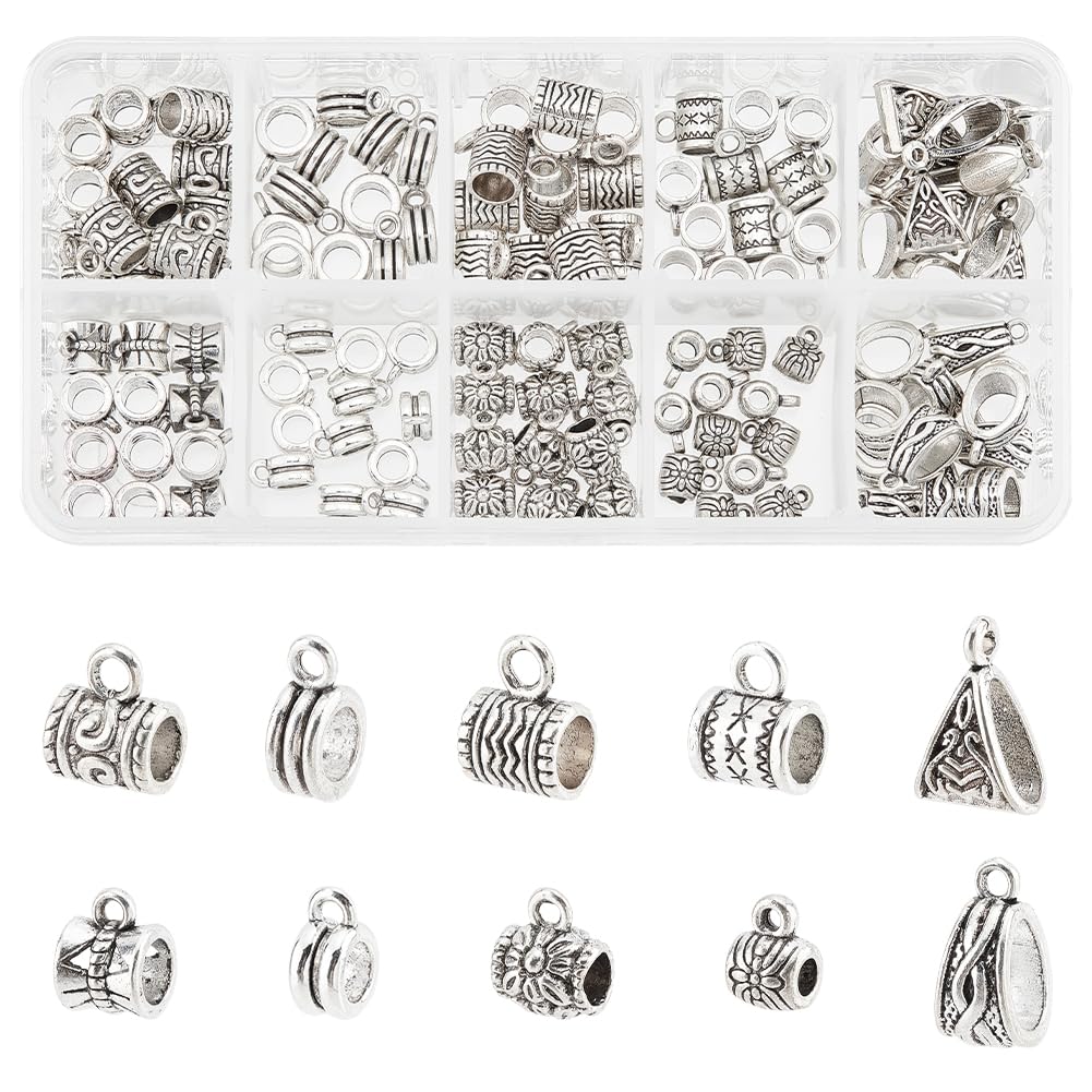 PH PandaHall 120pcs 10 Style Connectors Bails Beads Tibetan Antique Silver Hanger Dangle Links Beads for European Charm Bracelet Pendant Jewellery Making