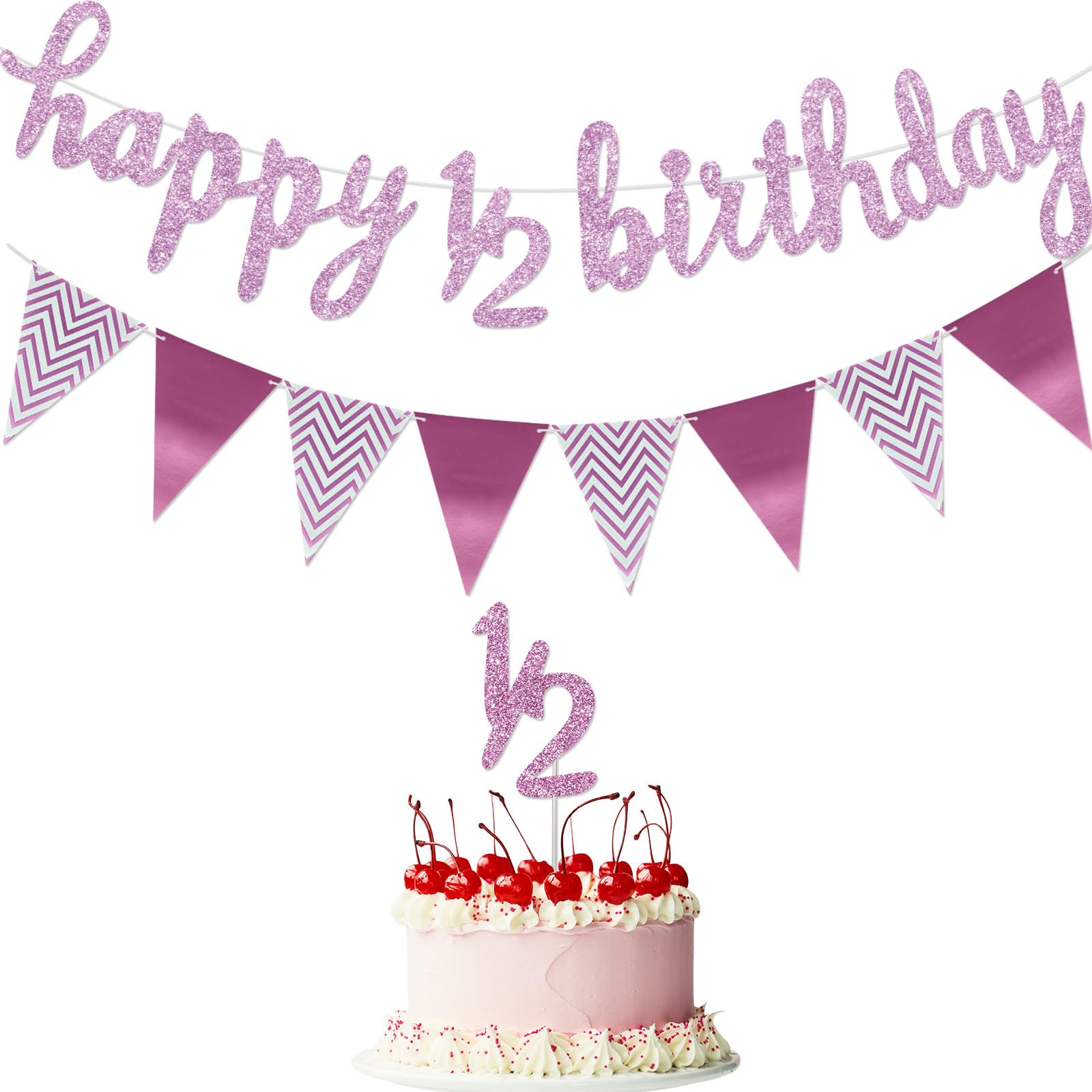 6 Months Banner Happy Birthday Banner Happy 1/2 Birthday Banner Glitter 1/2 Half Year Cake Topper Triangle Flag Banner for Half Year Baby Shower Birthday Party Decoration, Pre-strung (Pink)