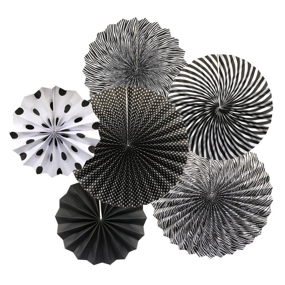 Photo 1 of Party Hanging Paper Fans Set, Black Round Pattern Paper Garlands Decoration for Birthday Wedding Graduation Events Accessories, Set of 6