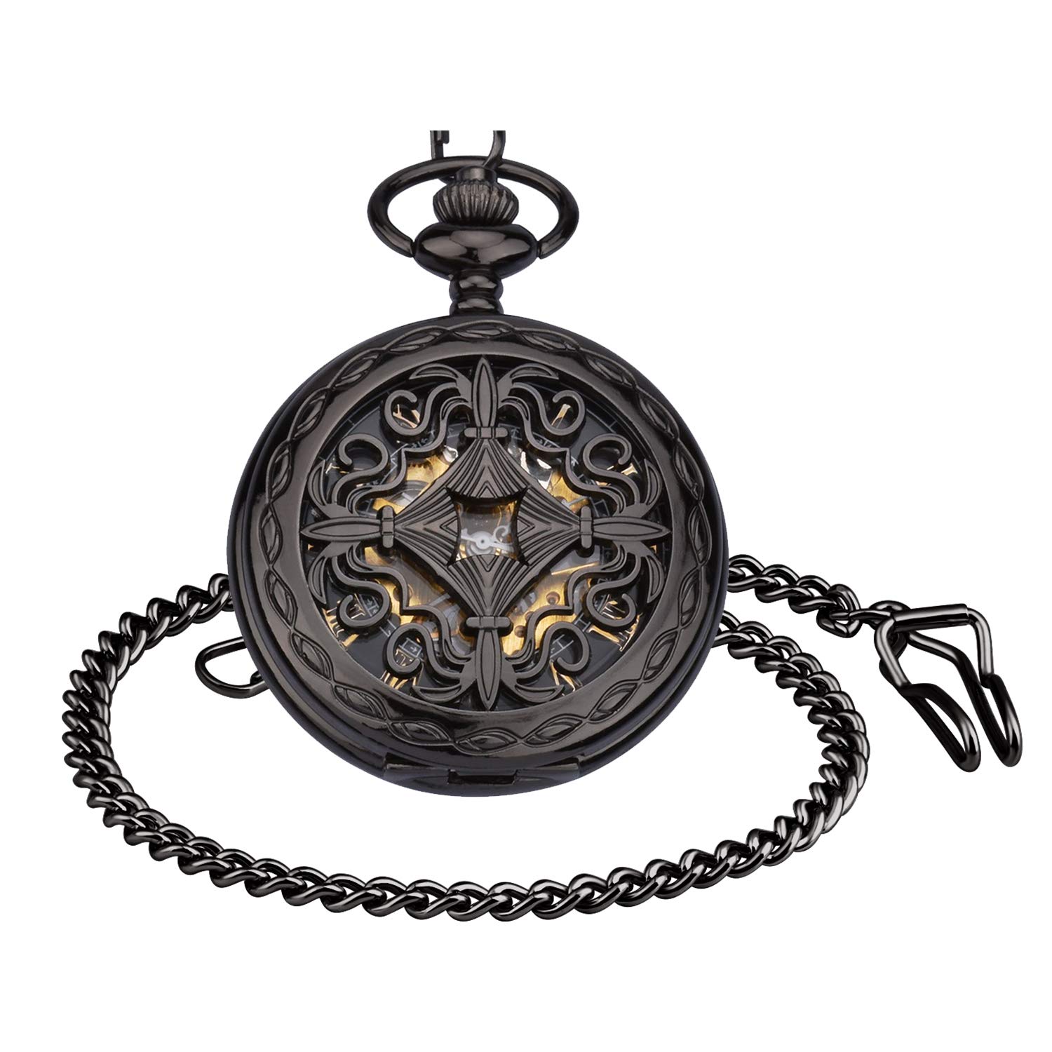 Unendlich U Infinite U Pocket Watch with Chain for Men Women, Vintage Pattern Engraving Hollow Mechanical Pocket Fob Watch with Roman Numeral Black dial, Black Stainless Steel case