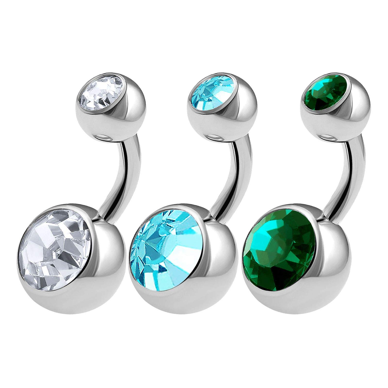 KJM FASHION 3PCS 316L Surgical Steel Shallow Belly Button Studs 14 Gauge 1/4 6mm Clear Aquamarine Emerald Short Navel Bars Jewellery 0622