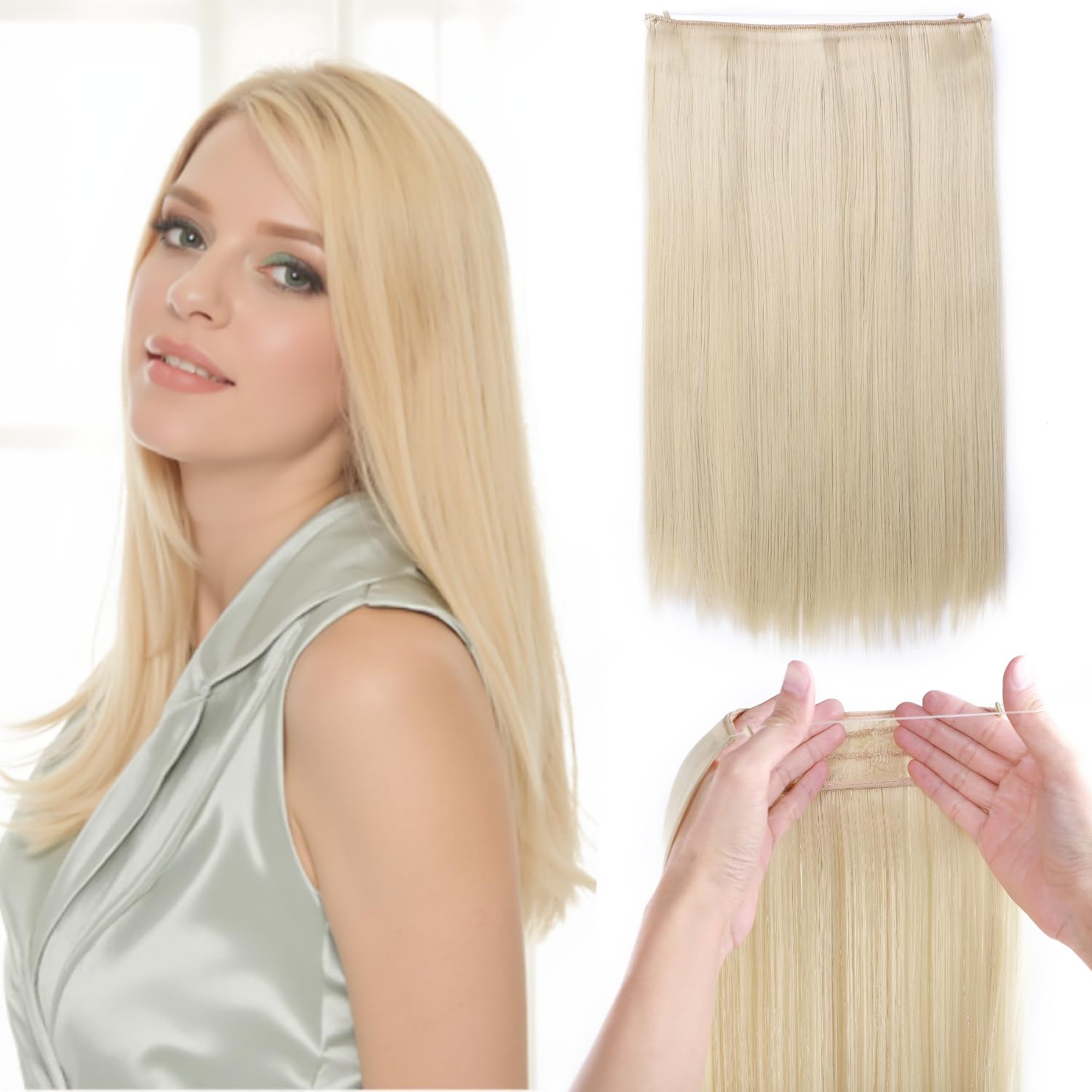 Benehair 16 Inches Straight Hair Extensions Invisible Wire Hair Extensions Synthetic Secret Headband Hairpieces Blonde Hair Pieces for Women(Blonde, 90g)