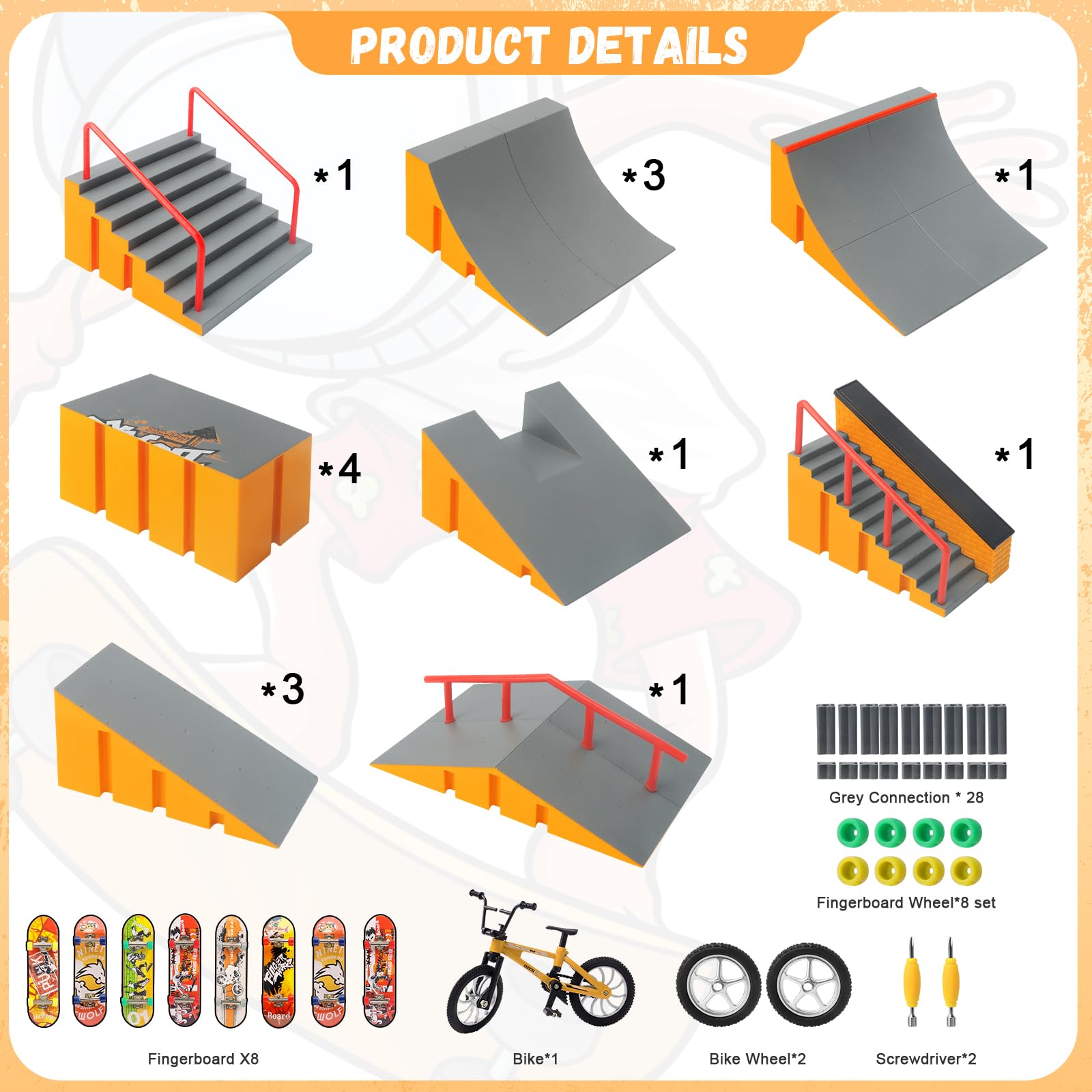 Finger Skateboard Park Kits,14-in-1 Bigger Finger Skateboard Ramp Set with 14 Ramps,8 Fingerboards,1 Finger Bike, Skate Park Kit,Fingerboard Skatepark Half Pipe Toys Gifts for Ages 3+