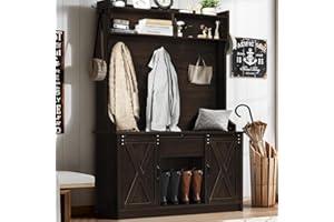 4ever2buy Hall Tree with Shoe Storage, 5-in-1 Entryway Bench with Storage Coat Rack, Entryway Hall Tree with Bench and Adjustable Shelf, Brown