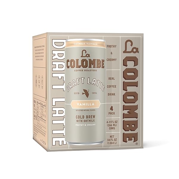 LA COLOMBE VANILLA DRAFT LATTE WITH OATMILK – 9 FL. OZ. 4 PACK – 100% ARABICA BRAZILIAN COLD BREW COFFEE WITH NITROUS-INFUSED OATMILK, DAIRY-FREE VEGAN LATTE, 120MG NATURAL CAFFEINE