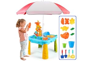 CAPTAIN CHAOWING Toddlers Sand and Water Table with Umbrella, Water Table for Sensory Activity Outdoor and Indoor, Summer Beach Water Table Playset with Splash Water Toys, Suitable for Kids Age 1-3 and up