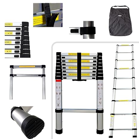 Todeco - Teleskopleiter, Klappleiter - Maximale Belastbarkeit: 150 kg - Material: Aluminiumlegierung - 2,6 Meter, GRATIS Trag