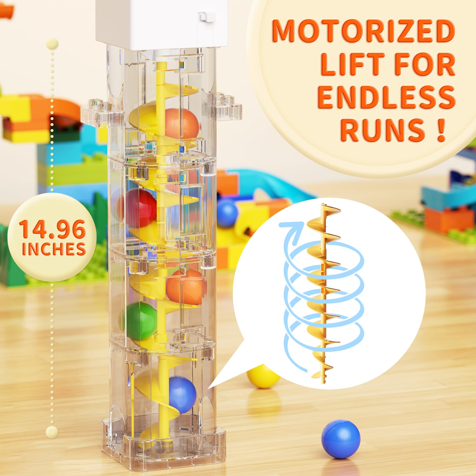 Electric Marble Run with Automatic Elevator Lift - STEM Building Toy for Kids Ages 4-8, 102 PCS Construction Set with 10 Marbles & Transparent Track, Compatible with Standard Building Blocks