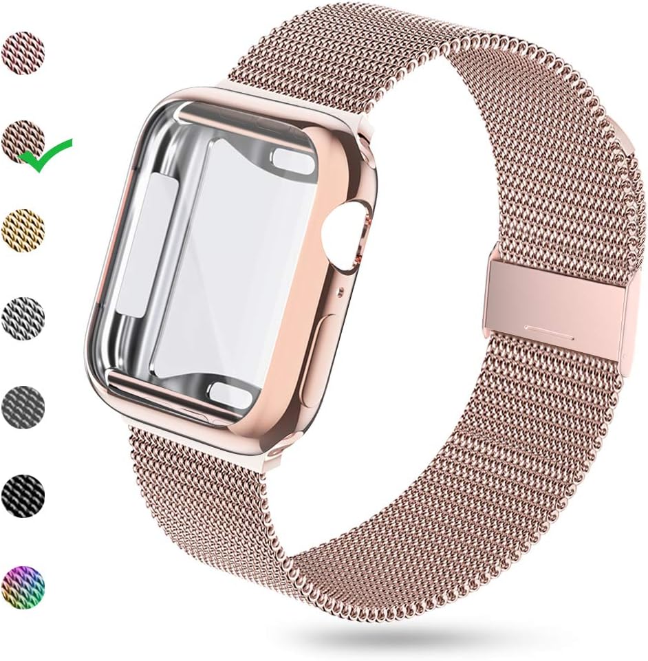 KEOLUS Compatible for Apple Watch Band 38mm 40mm 42mm 44mm with Screen Protector, Soft TPU Protective Case with Stainless Steel Mesh Loop Replacement for iWatch Band Series 5 4 3 2 1