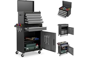 Goplus Tool Chest, 5-Drawer Rolling Cabinet with Detachable Top Toolbox, Lockable Wheels, Lock Bar, Protective Liner & Tool Rack, Metal Storage Cart for Garage Workshop