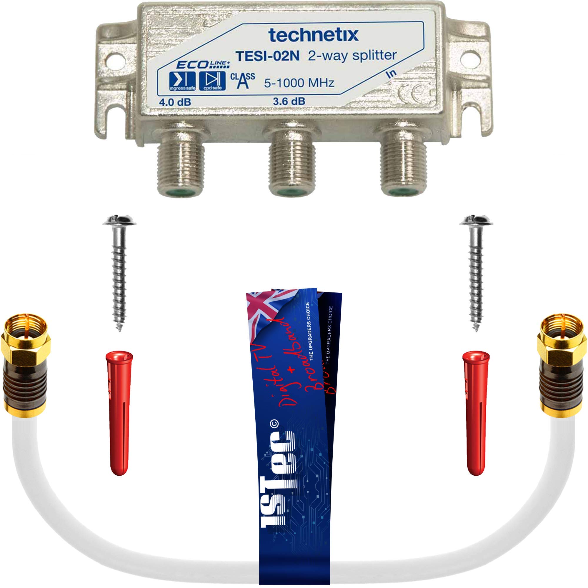 1STec Technetix Passive Wideband Signal Splitter Screws & Short Link Lead with Screw-on Connectors for TiVo Set Top Box Superhub Internet Router 5-1218MHZ Freeview DVB-C/T2/S 5-1000MHZ