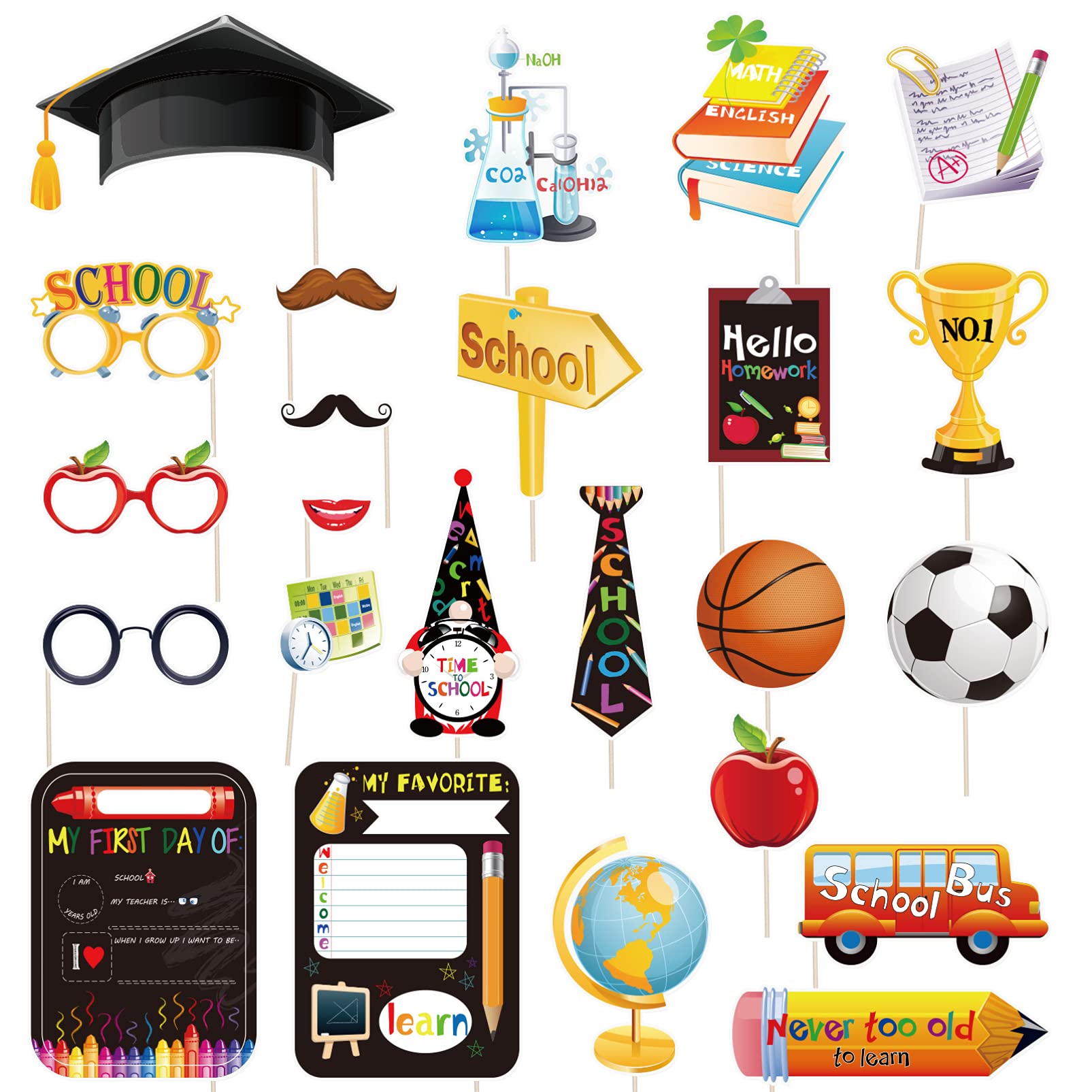 PRETYZOOM Back To School Photo Booth Props Kit First Day of School Decorations Party Supplies No DIY Assembled Required for New Grade Celebrating Classroom Kindergarten 24PCS