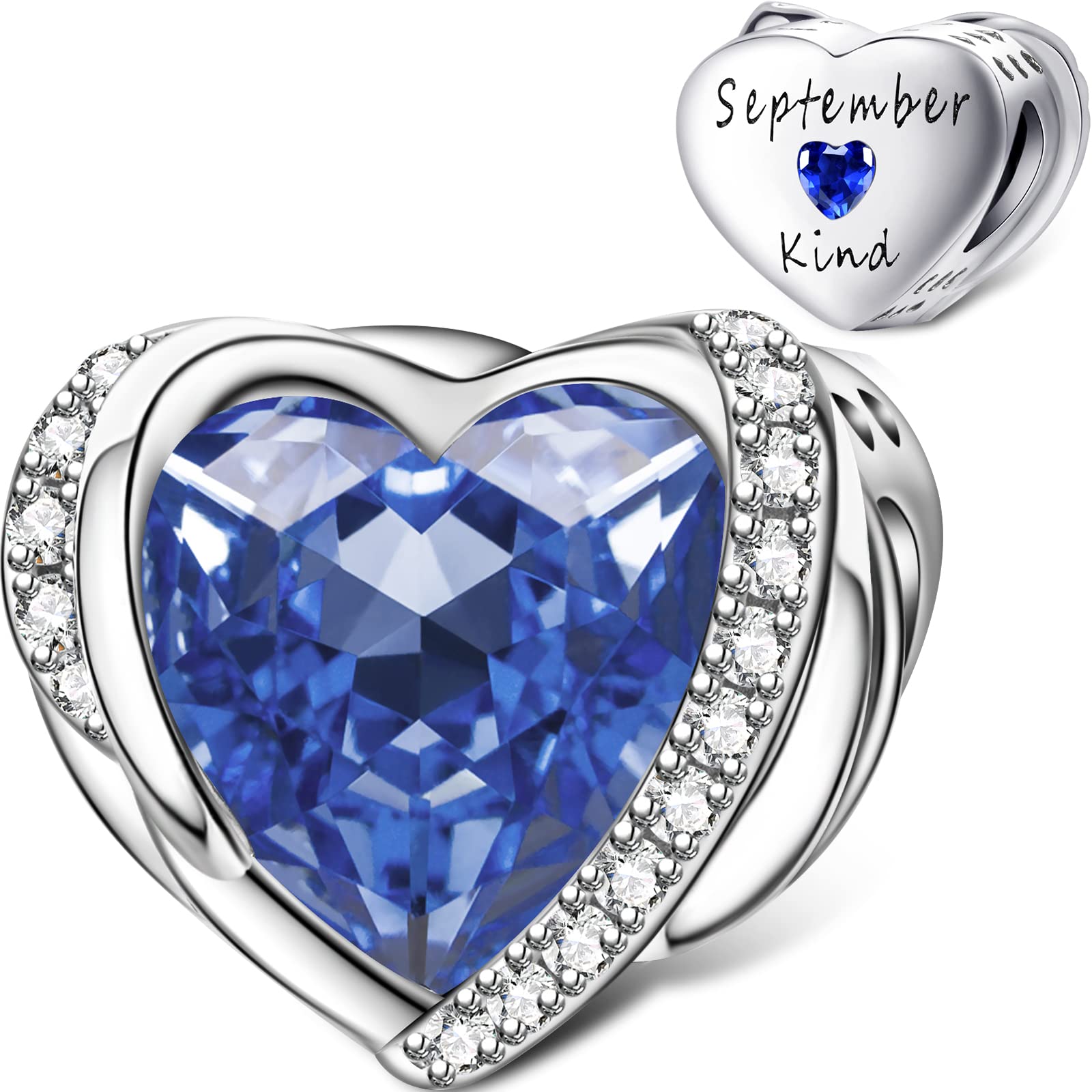 September Birthstone Charms for Pandora Charms Bracelet, Angel Wings 925 Sterling Silver Love Heart Bead Pendant Engraved Kind,Birthday Mother's day Jewelry Gifts for Women Girls