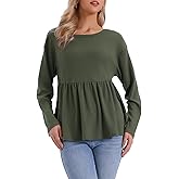 Allegra K Waffle Knit Top for Women's 2026 Long Sleeve Babydoll Peplum Loose Casual Spring Summer Blouses