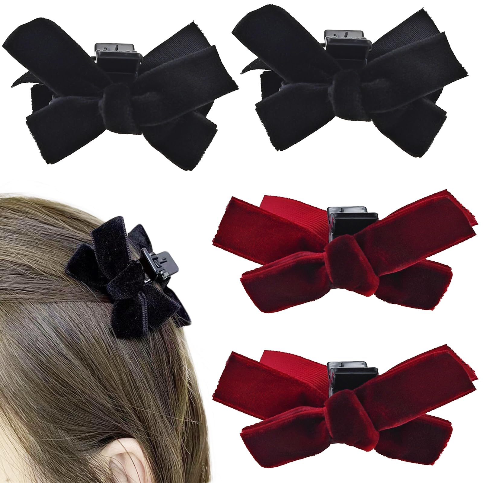 Photo 1 of 4 PACK Mini Velvet Hair Bow Clips Black Red Bow Hair Claw Clip No Slip Bow Jaw Clips Bows Hair Barrettes Accessories for Women