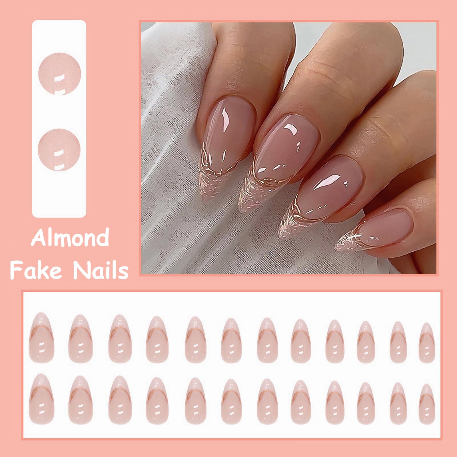 MISUD Almond Press on Nails Chrome Bling Aurora French Tip Artificial Gold Swirl False Nails with Pearl Flash Design - 24 pcs - Image 5