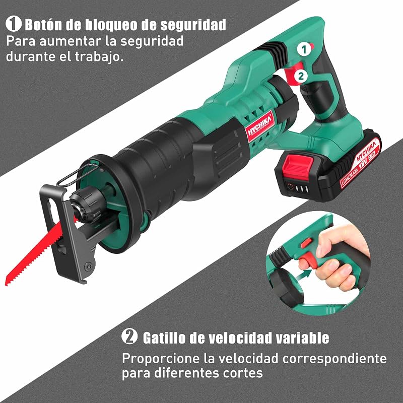 Serra sabre sem fio, hychika 18v, serra alternativa com 2 baterias de 2,0ah, 0-2800 rpm, ideal para cortar madeira e metal
