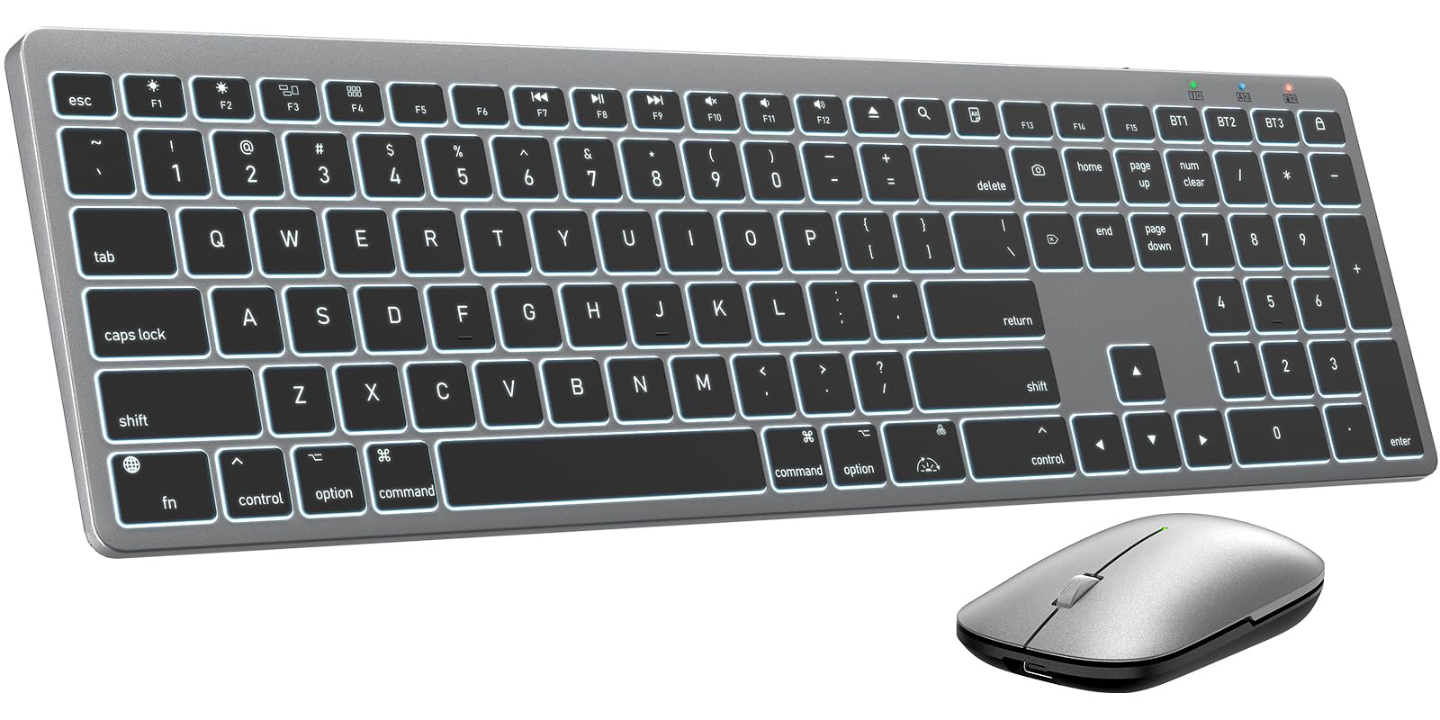 Photo 1 of SABLUTE Bluetooth Keyboard and Mouse for Mac — 7-Color Backlit, Multi-Device, Rechargeable, Full-Size Wireless Keyboard Mouse Combo with Quiet Scissor-Switch Keys & Tilt Legs for Mac (Space Gray)