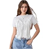 SweatyRocks Women's 2 in 1 Lace Top Front Tie Short Sleeve T Shirts Crewneck Ribbed Crop Tops