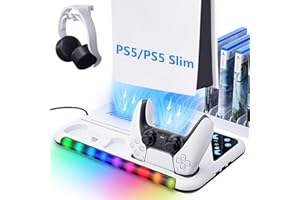 Allnice PS5 Slim Stand and Cooling Station with Controller Charging Station for PlayStation 5, PS5 Accessories with 3 Levels Cooling Fan, RGB LED Light, 3 USB HUBs, Headset Holder, 13 Game Storage
