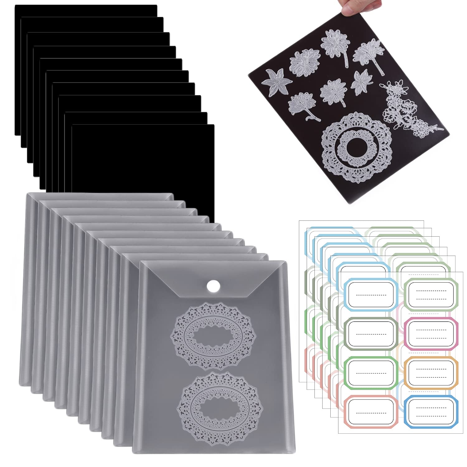 20Pcs Rubber Magnetic Sheets 0.5mm Thickness with Clear Stamp Die Storage Pockets 48 Label StickerResealable Plastic Storage Pocket Large Envelope Case Cutting Dies Stencil Organizer forCard Making