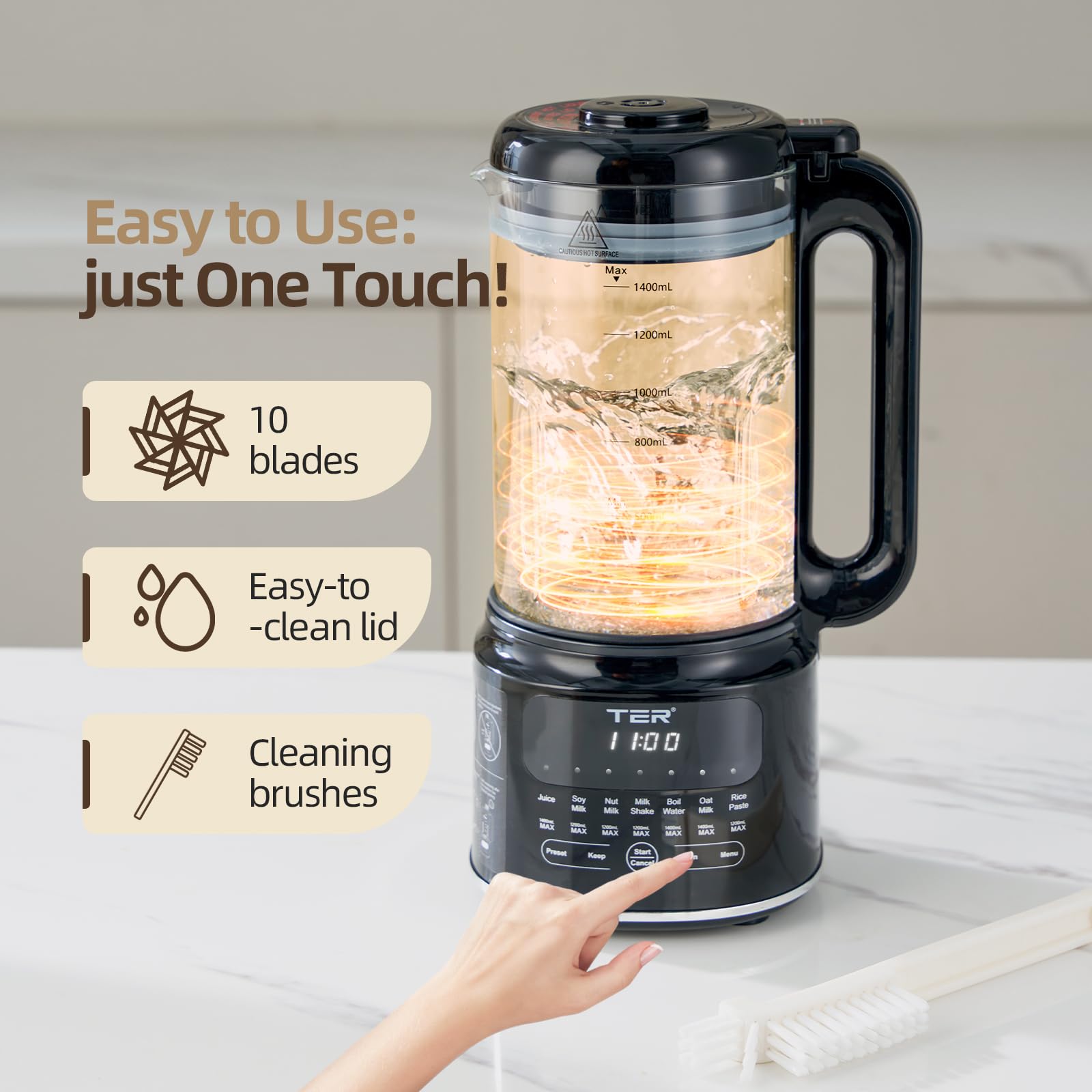 Máquina para hacer leche de nueces de 50 onzas, TER 10 en 1 para hacer leche de soja para almendras/avena/leche de soja, jugo, batido, pasta de arroz, limpieza automática/tiempo preestablecido de 24 horas/12 horas para mantener caliente, con 7 accesorios, negro